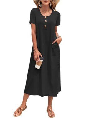Women's Summer Maxi Dress Crew Neck Button Front Sun Dress